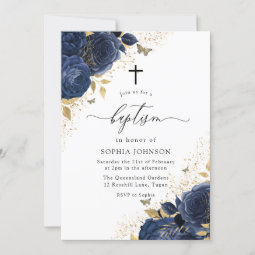 Magical Navy Indigo Blue Roses & Gold Baptism Invitation | Zazzle