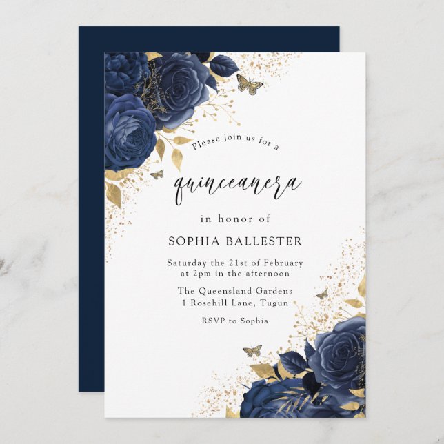 Magical Navy Indigo Blue Roses & Gold Quinceanera Invitation (Front/Back)