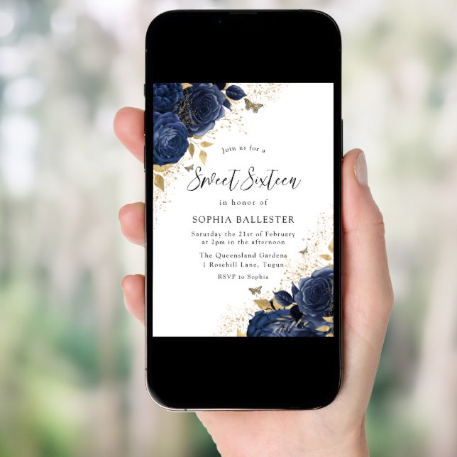Magical Navy Indigo Blue Roses & Gold Sweet 16 Invitation (Front Digital)