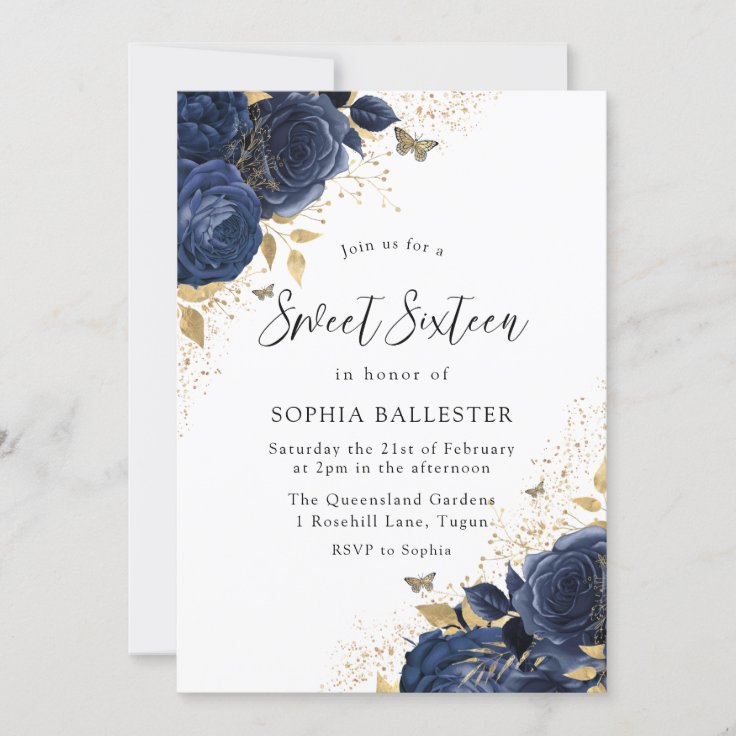 Magical Navy Indigo Blue Roses & Gold Sweet 16 Invitation | Zazzle