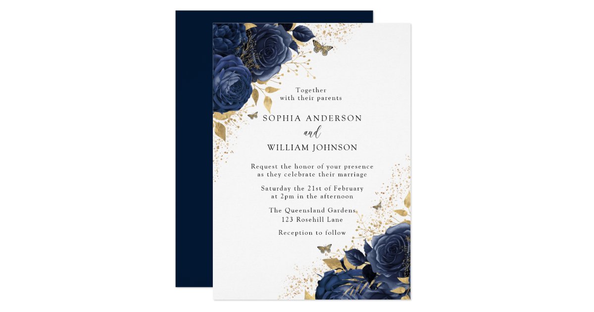 Magical Navy Indigo Blue Roses & Gold Wedding Invitation