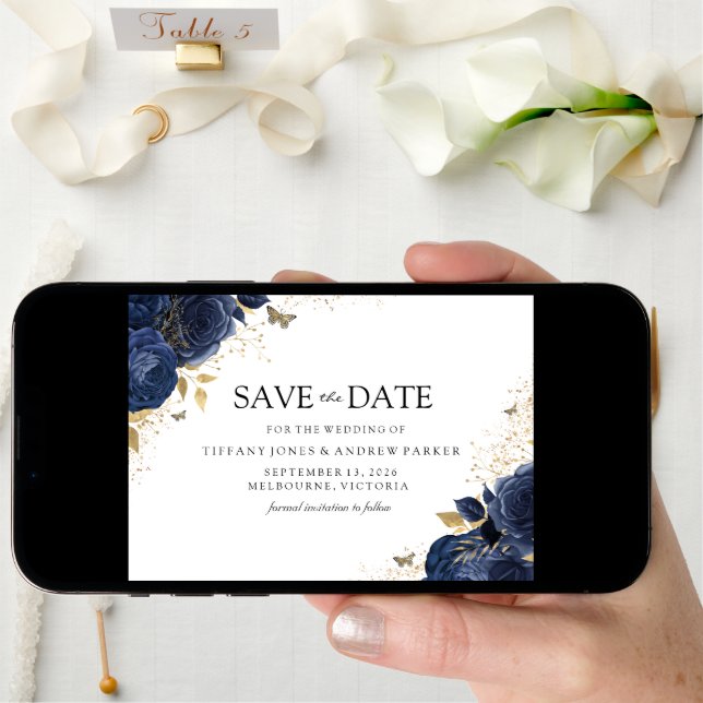 Magical Navy Indigo Roses Gold Floral Wedding Save The Date (Front Digital)