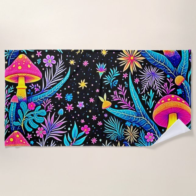 Magical Neon Forest Night Dream Design Beach Towel (Front)