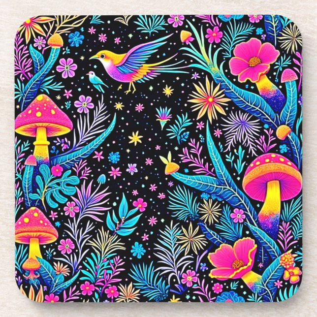 Magical Neon Forest Night Dream Design Beverage Coaster (Front)