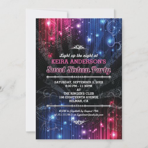 Magical Neon Glow Lights Sweet 16 Party Invitation