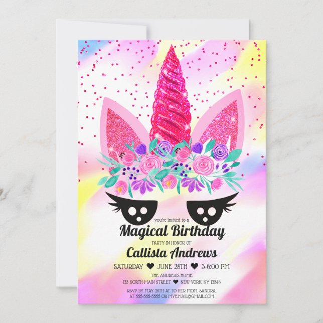 Magical Neon Pink Unicorn Floral Glitter Birthday Invitation (Front)