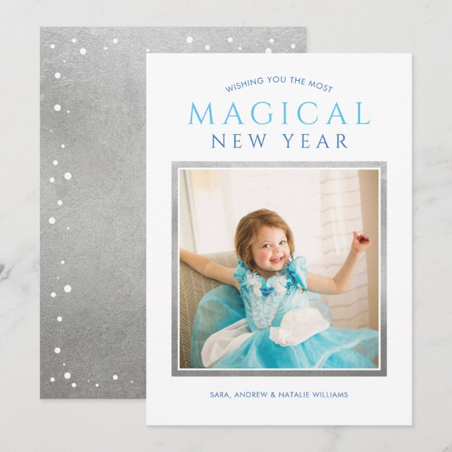 Magical New Year Wishes Blue Silver Photo Holiday Card (Front/Back)