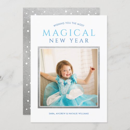 Magical New Year Wishes Blue Silver Photo Holiday Card