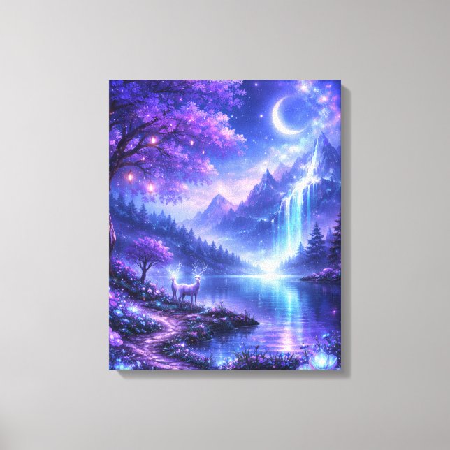 Magical night by the glowing lake canvas print (Front)