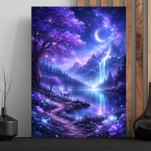 Magical night by the glowing lake faux canvas print