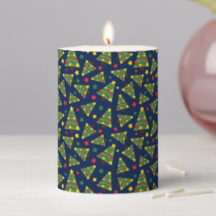 Magical Night Christmas Trees and Stars Dark Blue Pillar Candle