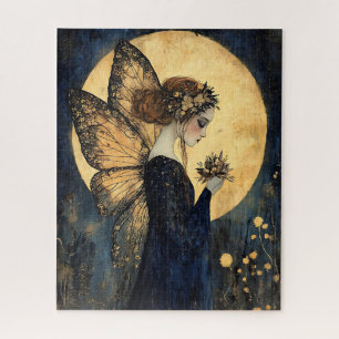 Magical Night Fairy with Flowers Under Golden Moon Jigsaw Puzzle