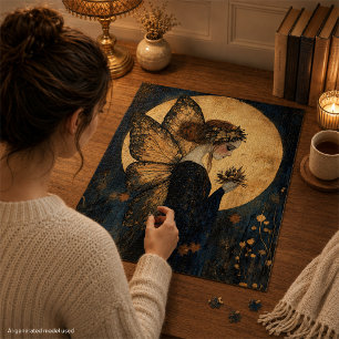 Magical Night Fairy with Flowers Under Golden Moon Jigsaw Puzzle
