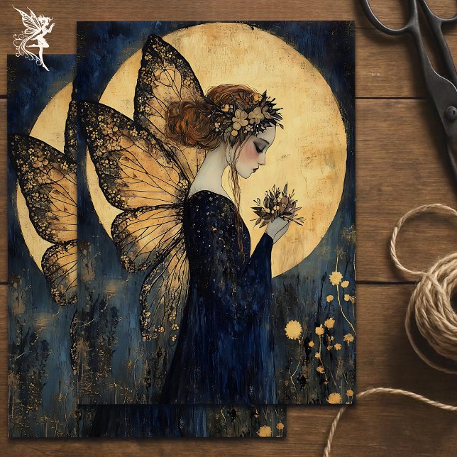 Magical Night Fairy with Flowers Under Golden Moon Tissue Paper (Creator Uploaded)
