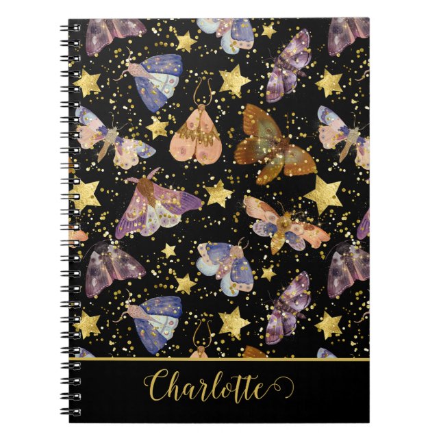 Magical Night Moth Butterflies Glitter Stars Name Notebook (Front)