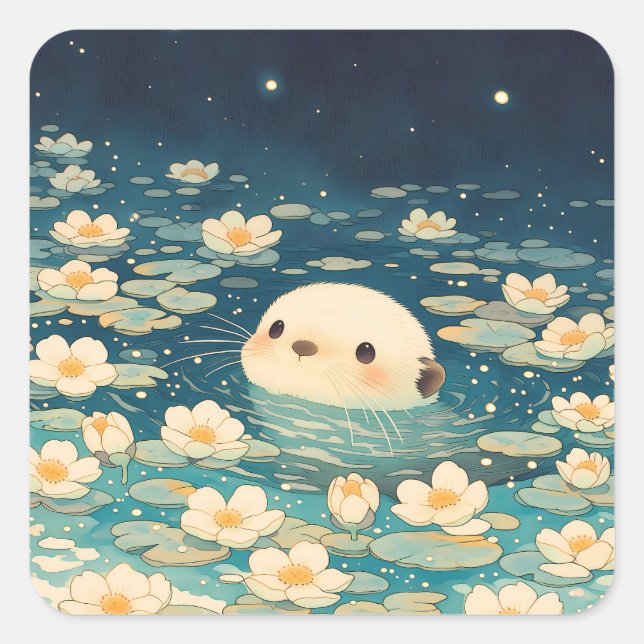 Magical Night Otter in Starry Lotus Pond Square Sticker (Front)