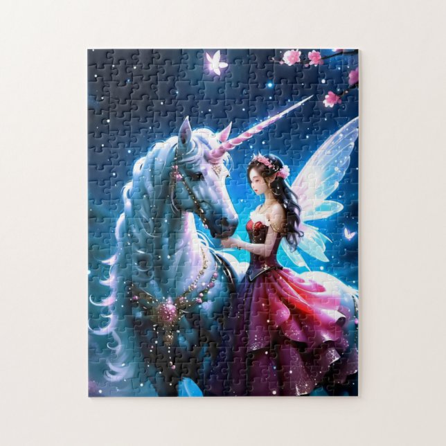Magical Night Rose Fairy Queen and White Unicorn Jigsaw Puzzle (Vertical)