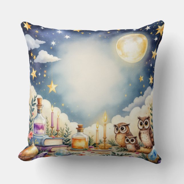Magical Night Sky Owls Stars Watercolor Pillow (Front)