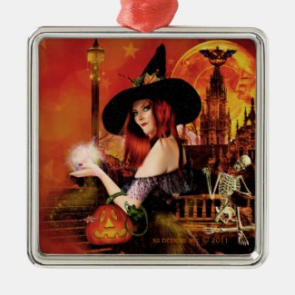 Magical Night Witch Silver Square Ornament