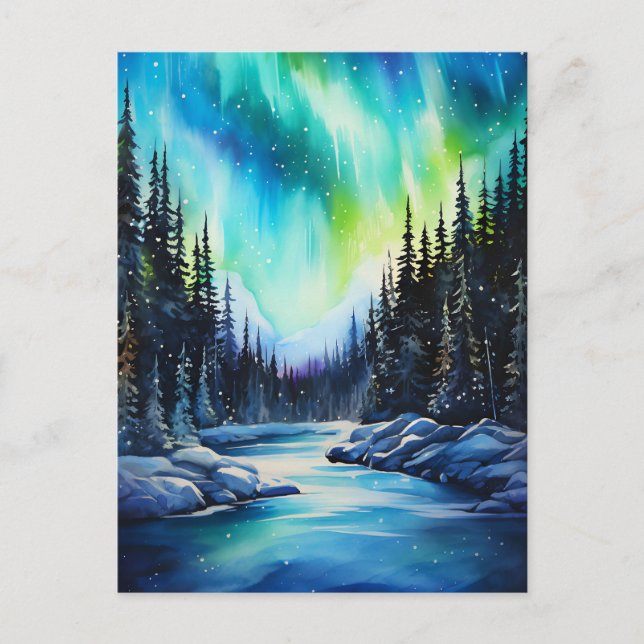Magical Northern Lights Winter Landscape Postcard (Front)