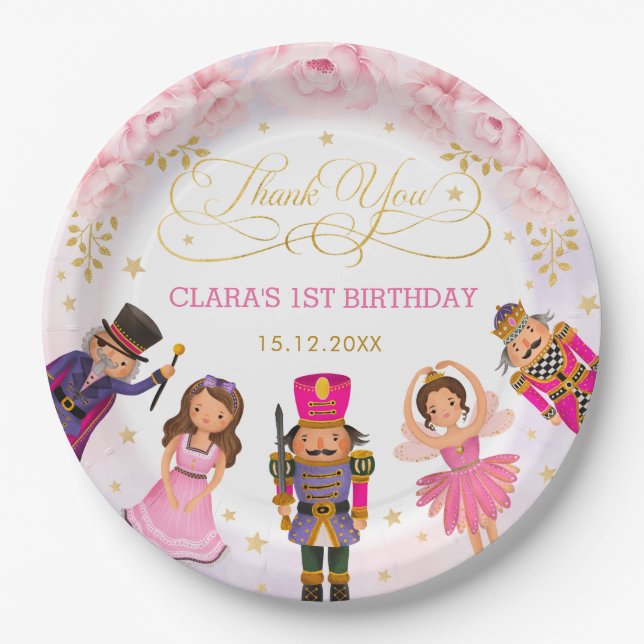Magical Nutcracker Blush Purple Gold Floral Ballet Paper Plates (Front)