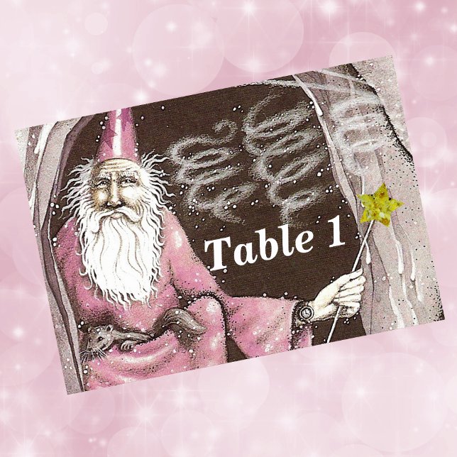 Magical Old Wizard Elf Magic Wand Star Table Number (Old wizard pink robes ferret star magic wand in cave on event table cards.)