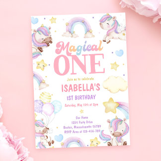 Magical One Rainbow Unicorn 1st Birthday Party Invitation