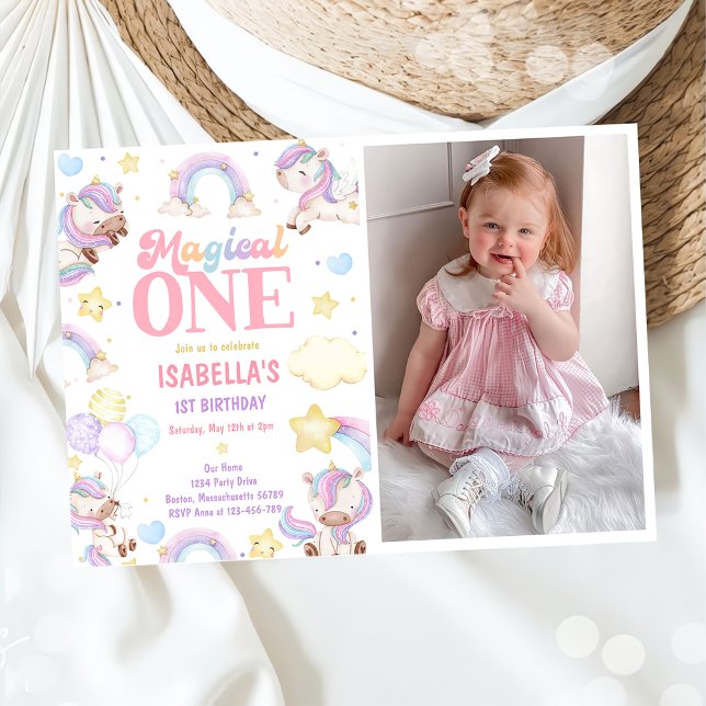 Magical One Rainbow Unicorn 1st Birthday Photo Invitation (Creator Uploaded)