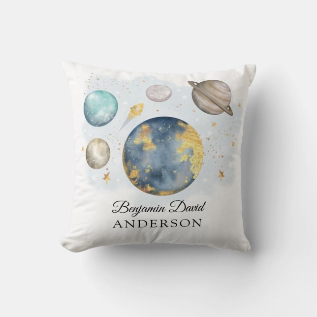 Magical Outer Space Galaxy Moon Stars Boy Nursery Throw Pillow (Front)