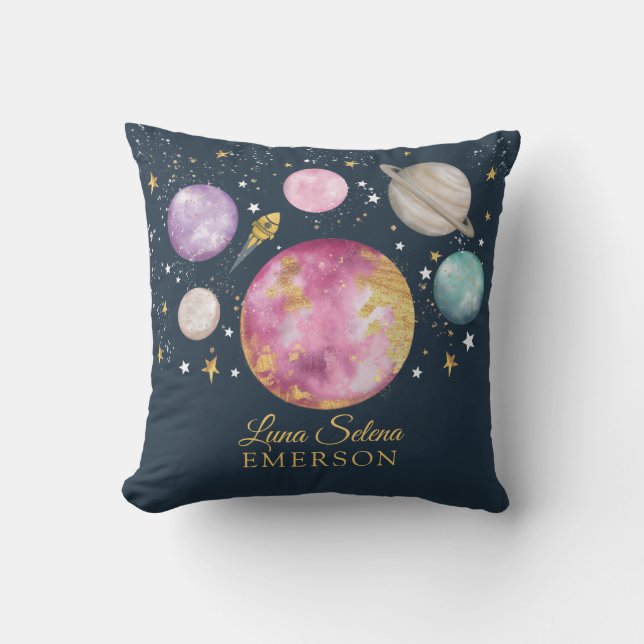 Magical Outer Space Galaxy Moon Stars Girl Nursery Throw Pillow (Front)