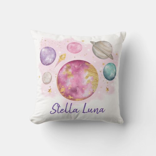 Magical Outer Space Pink Galaxy Moon Girl Nursery Throw Pillow