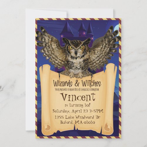 Magical Owl Castle Birthday for Wizard or Witch Invitation
