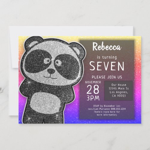Magical Panda Birthday Black and White Glitter Invitation