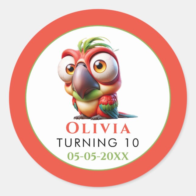  Magical Parrot Caricatures 1st Birthday Classic Round Sticker (Front)