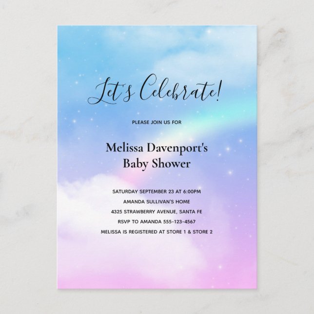 Magical Pastel Clouds and a Rainbow Baby Shower Invitation Postcard (Front)