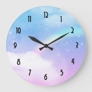 Magical Pastel Clouds and a Rainbow Large Clock