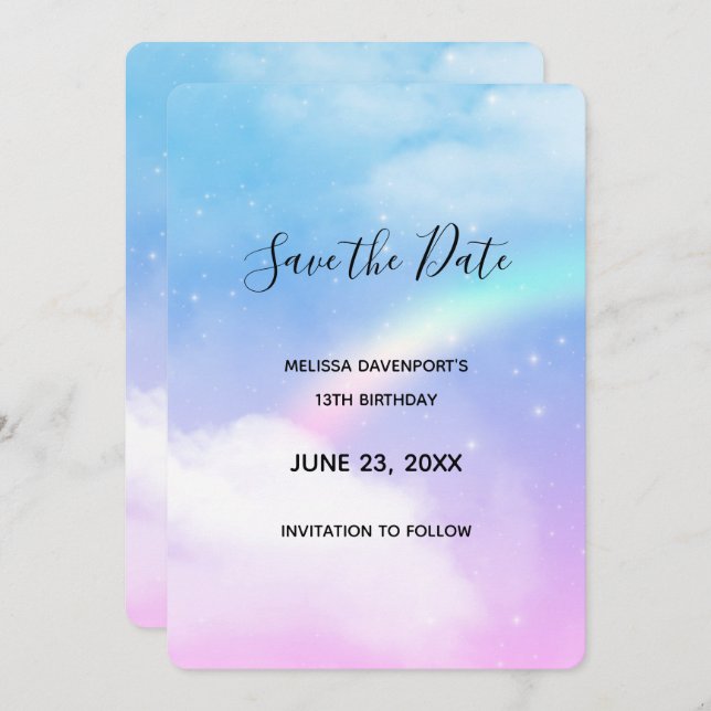 Magical Pastel Clouds and a Rainbow Save The Date (Front/Back)