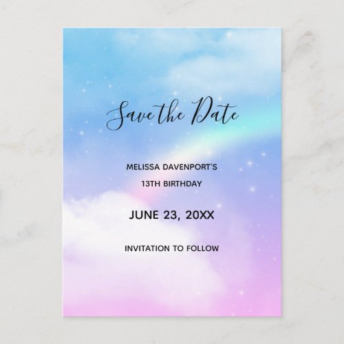 Magical Pastel Clouds and a Rainbow Save the Date Invitation Postcard