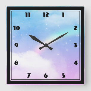 Magical Pastel Clouds and a Rainbow Square Wall Clock