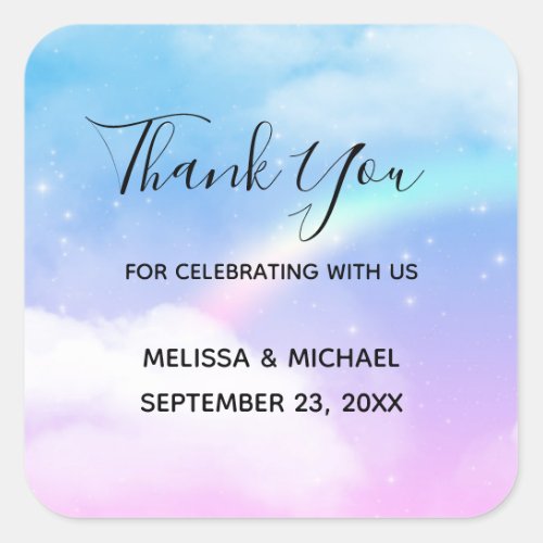 Magical Pastel Clouds and a Rainbow Thank You Square Sticker