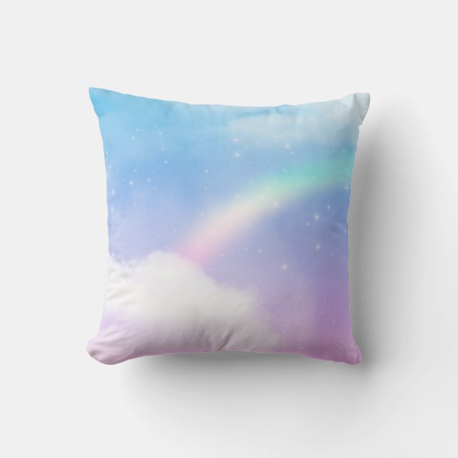 Magical Pastel Clouds and a Rainbow Throw Pillow (Front)