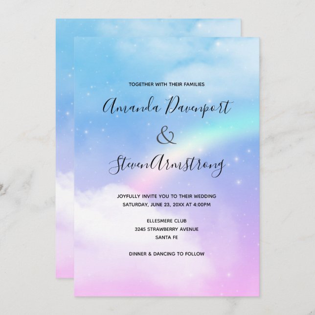 Magical Pastel Clouds and a Rainbow Wedding Invitation (Front/Back)