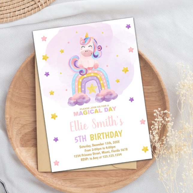 Magical Pastel Party for Girls Invitation (Watercolor Rainbow Unicorn Birthday Invitations)