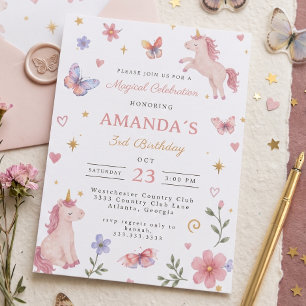 Magical Pastel Pink Unicorn Floral 3rd Birthday Invitation