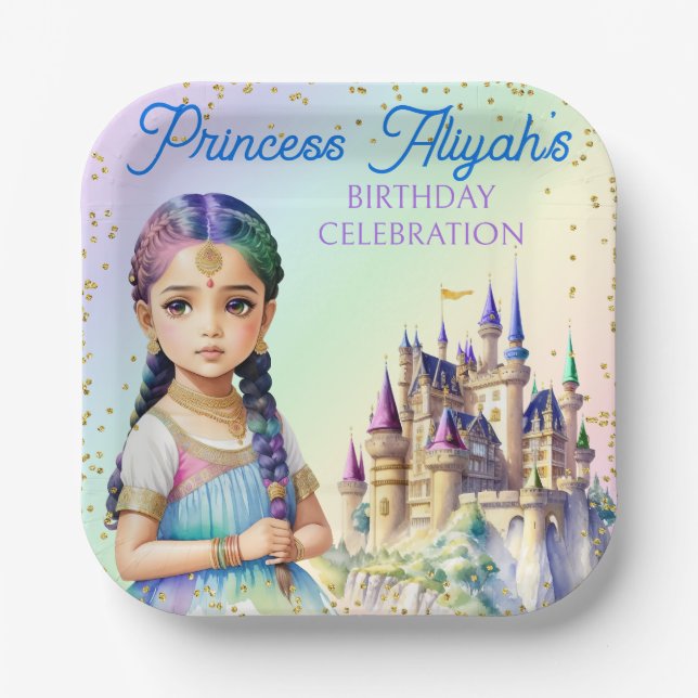 Magical Pastel Princess Fantasy Rainbow Castle Paper Plates (Front)