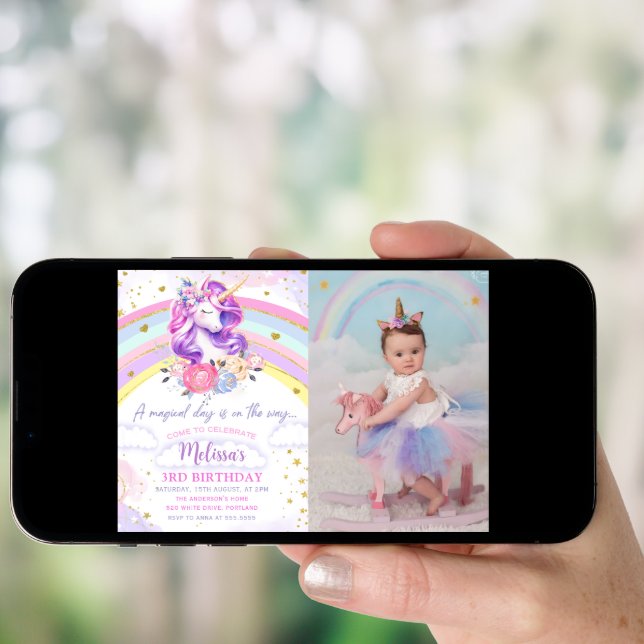 Magical Pastel Rainbow Unicorn Birthday Photo Invitation (Front Digital)