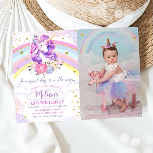 Magical Pastel Rainbow Unicorn Birthday Photo Invitation