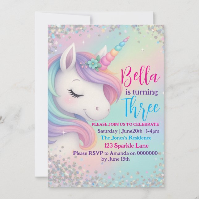 Magical Pastel Unicorn Birthday Invitation – Glitt (Front)
