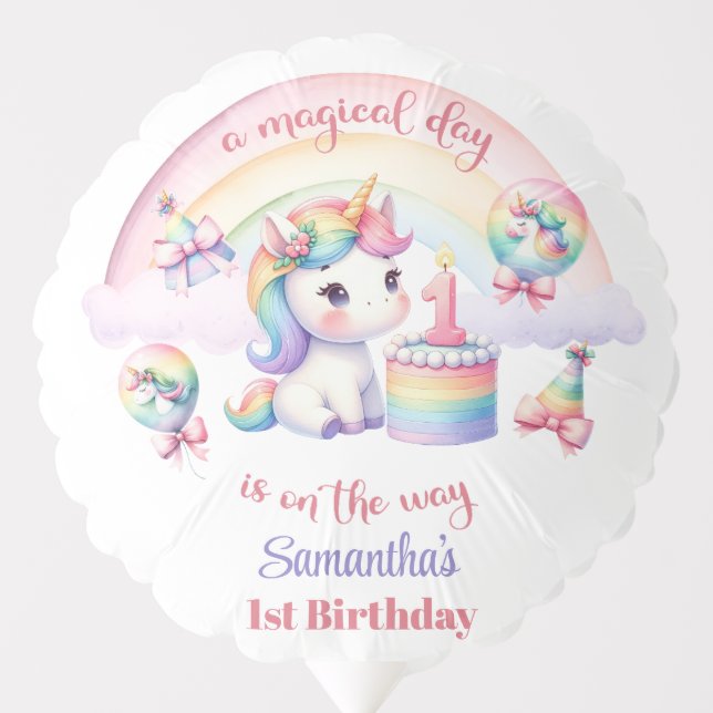 Magical Pastel Unicorn Rainbow 1st Birthday Party  Balloon (Front)