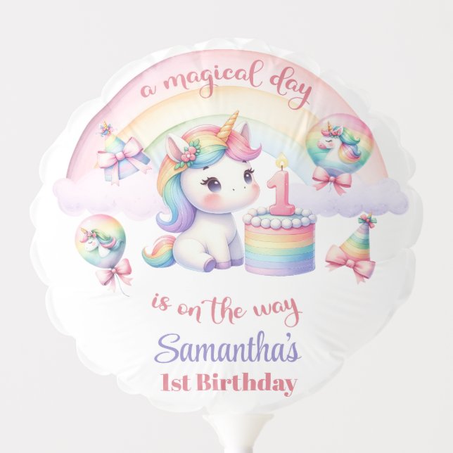 Magical Pastel Unicorn Rainbow 1st Birthday Party  Balloon (Front)